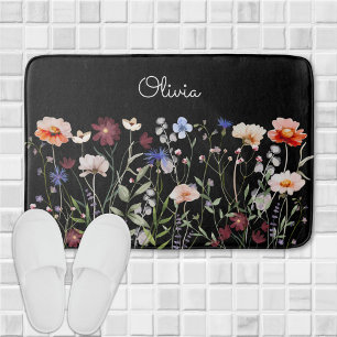 Monogrammed Watercolor Colourful Wildflower Meadow Bath Mat