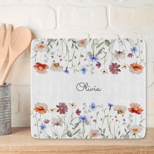 Monogrammed Watercolor Colourful Wildflower Meadow Cutting Board