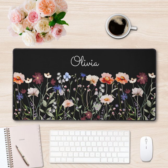 Monogrammed Watercolor Colourful Wildflower Meadow Desk Mat (In situ)
