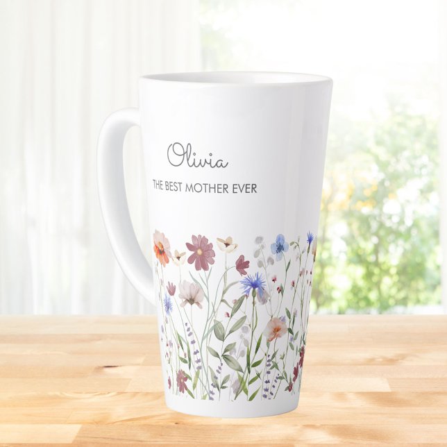 Monogrammed Watercolor Colourful Wildflower Meadow Latte Mug (In situ)
