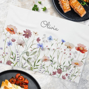 Monogrammed Watercolor Colourful Wildflower Meadow Tea Towel