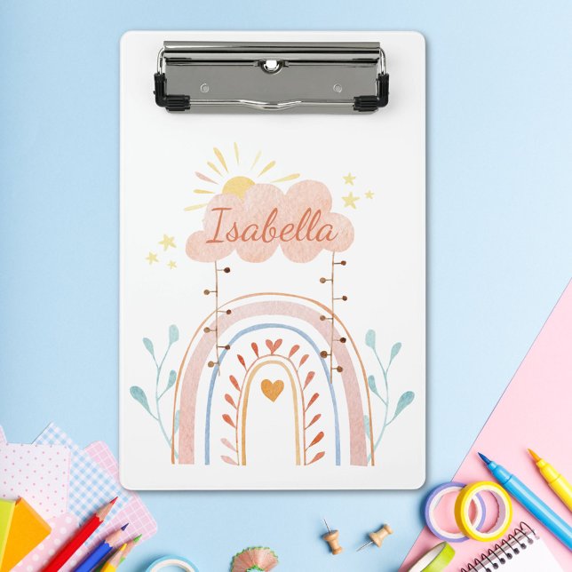 Monogrammed Watercolor Cute Rainbow Kids Mini Clipboard (In situ)