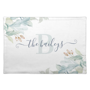 Monogrammed Watercolor Dusty Blue Floral Placemat