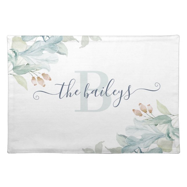 Monogrammed Watercolor Dusty Blue Floral Placemat (Front)