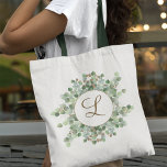 Monogrammed Watercolor Eucalyptus Greenery Pretty Tote Bag<br><div class="desc">Lovely green hand painted watercolor eucalyptus greenery illustration with faux gold glitter accents. Easily personalize with your custom handwritten script monogram or any text.</div>