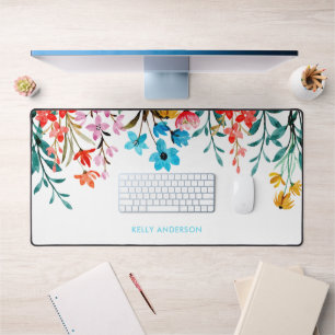 Monogrammed Watercolor Floral Girly Desk Mat