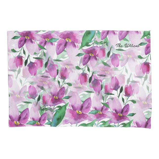 Monogrammed Watercolor Floral Hand-painted Pillowcase (Front)