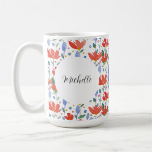 Monogrammed Watercolor Floral In Red And Blue Coffee Mug