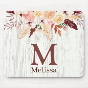 Monogrammed Watercolor Floral on Rustic White Wood Mouse Pad