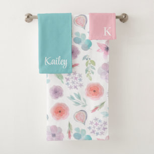 Monogrammed Watercolor Floral Towel Set