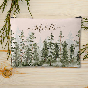 Monogrammed Watercolor Green Forest Accessory Pouch