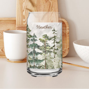 Monogrammed Watercolor Green Pine Forest Mountain Can Glass