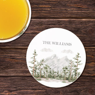 Monogrammed Watercolor Mountain and Forest Coaster