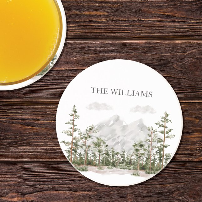 Monogrammed Watercolor Mountain and Forest Coaster (In situ)