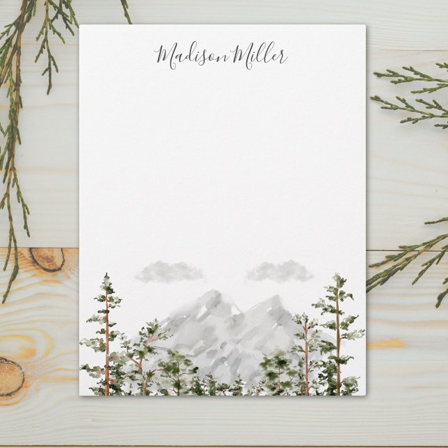 Monogrammed Watercolor Mountain and Forest Custom Letterhead (Close up)