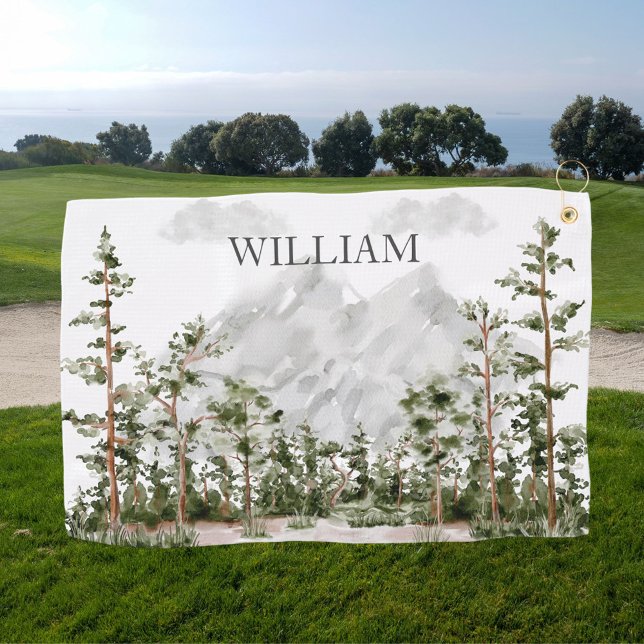 Monogrammed Watercolor Mountain and Forest Golf Towel (In situ)