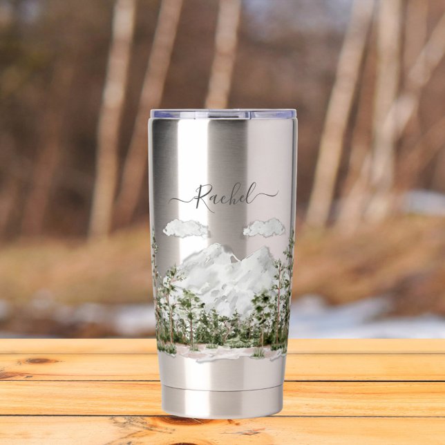 Monogrammed Watercolor Mountain and Forest Insulated Tumbler (In situ outdoor)