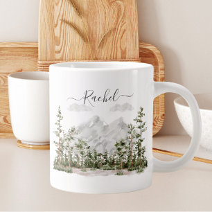 Monogrammed Watercolor Mountain and Forest Large Coffee Mug