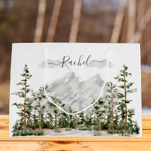 Monogrammed Watercolor Mountain and Forest Large Gift Bag