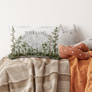 Monogrammed Watercolor Mountain and Forest Lumbar Cushion