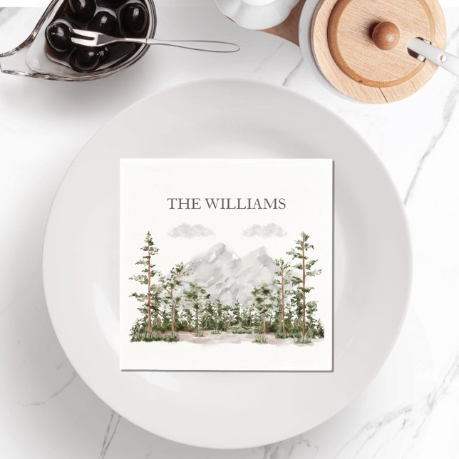 Monogrammed Watercolor Mountain and Forest Napkin (In situ dining room)