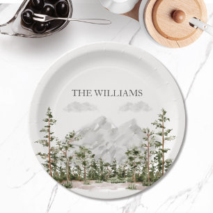Monogrammed Watercolor Mountain and Forest Paper Plate