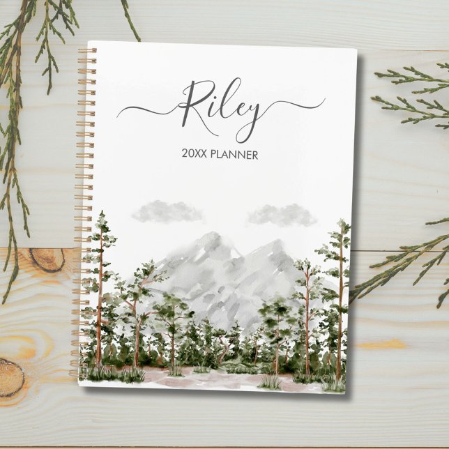 Monogrammed Watercolor Mountain and Forest  Planner (In situ)