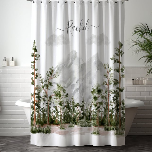 Monogrammed Watercolor Mountain and Forest Shower Curtain (In situ bath room)