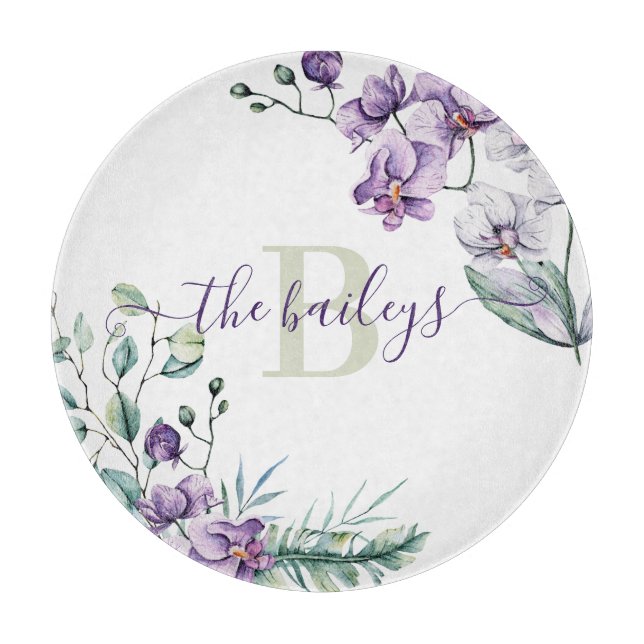 Monogrammed Watercolor Orchid Cutting Board (Front)