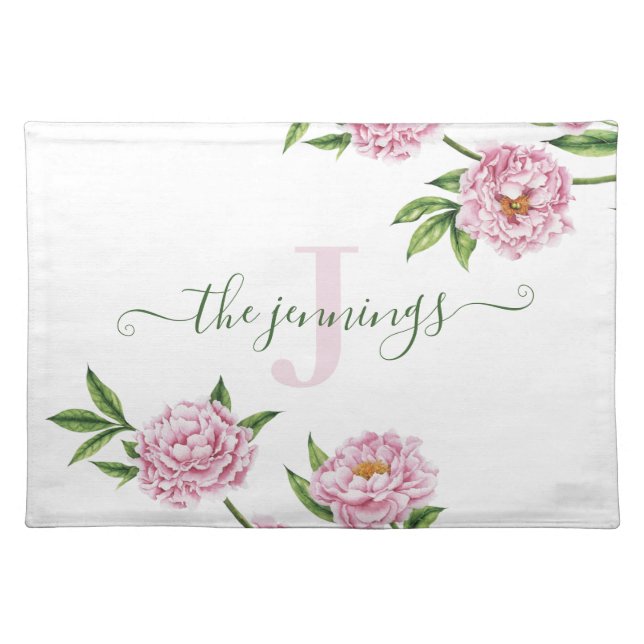 Monogrammed Watercolor Pink Peony Placemat (Front)