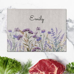 Monogrammed Watercolor Purple Wildflower Meadow Cutting Board