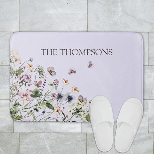 Monogrammed Watercolor Purple Wildflowers Bath Mat