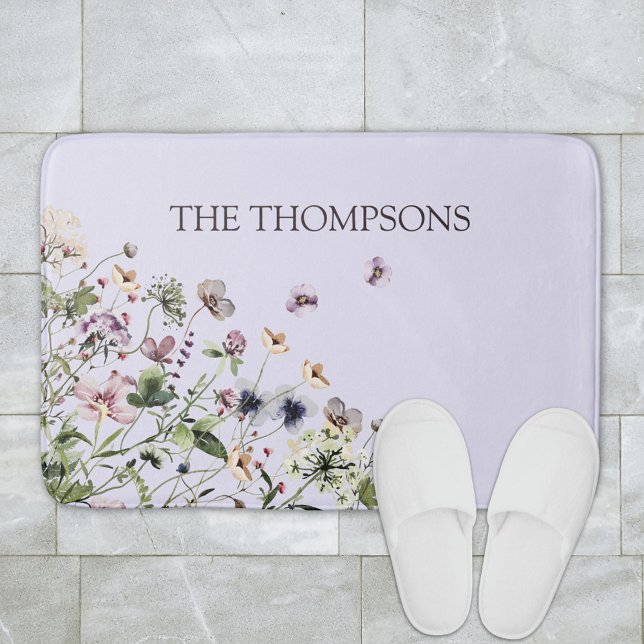 Monogrammed Watercolor Purple Wildflowers Bath Mat (In situ bathroom floor)
