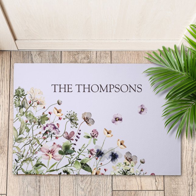 Monogrammed Watercolor Purple Wildflowers Doormat (In situ)