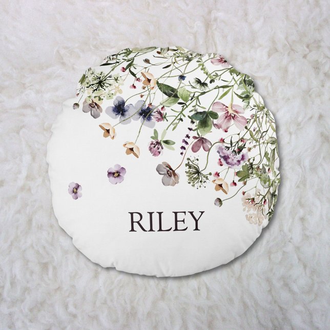 Monogrammed Watercolor Purple Wildflowers Round Cushion (In situ)