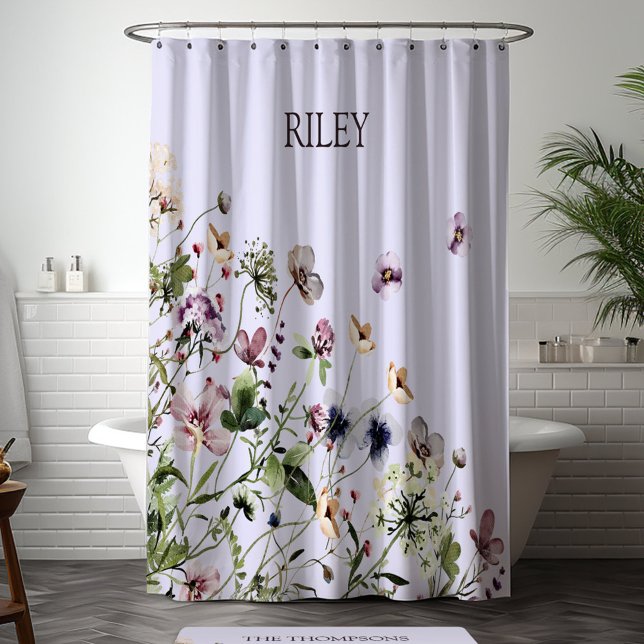 Monogrammed Watercolor Purple Wildflowers Shower Curtain (In situ bathroom)