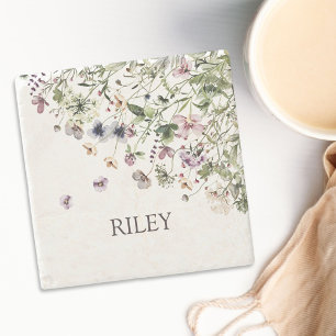 Monogrammed Watercolor Purple Wildflowers Stone Coaster