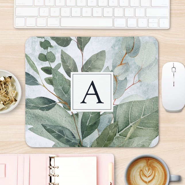 Monogrammed Watercolor Rustic Sage Greenery Mouse Pad (In situ office desk)