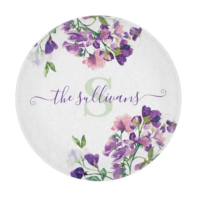 Monogrammed Watercolor Sweet Pea Cutting Board (Front)