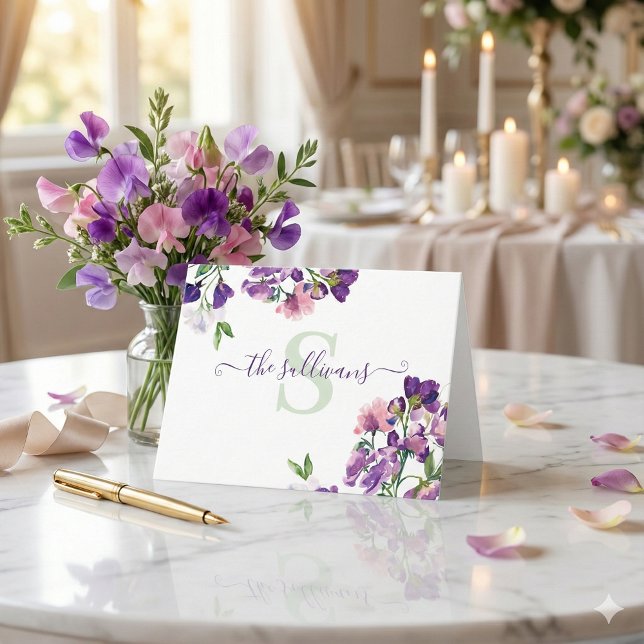 Monogrammed Watercolor Sweet Pea Stationary Card (These beautiful personalized sweet pea cards would make a wonderful bridal shower or wedding gift! )