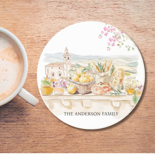 Monogrammed Watercolor Tuscany Mediterranean Italy Coaster (In situ)