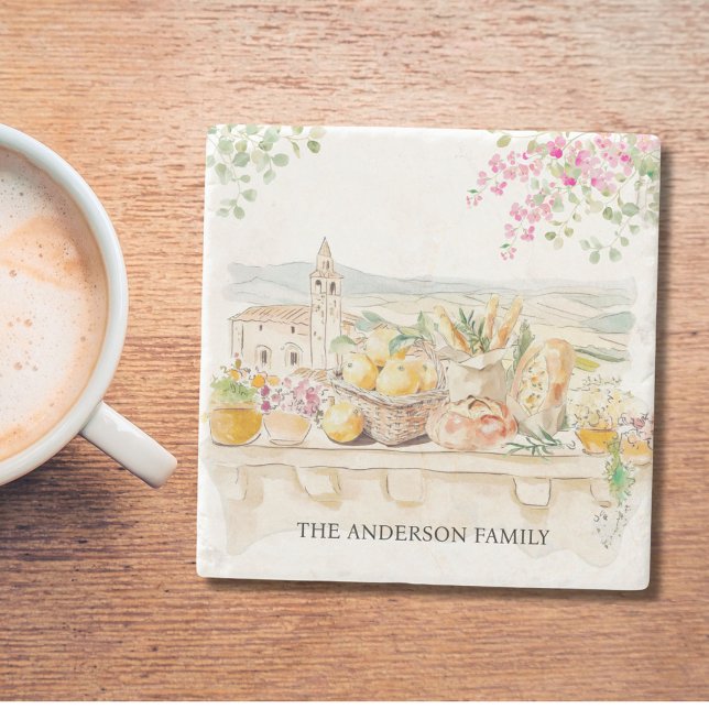 Monogrammed Watercolor Tuscany Mediterranean Italy Stone Coaster (In situ)