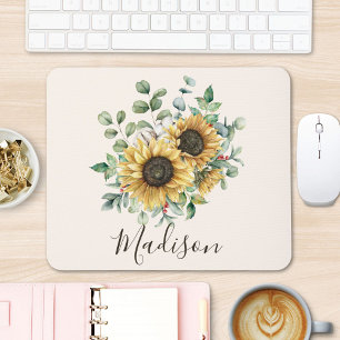 Monogrammed Watercolor Vintage Rustic Sunflower Mouse Pad