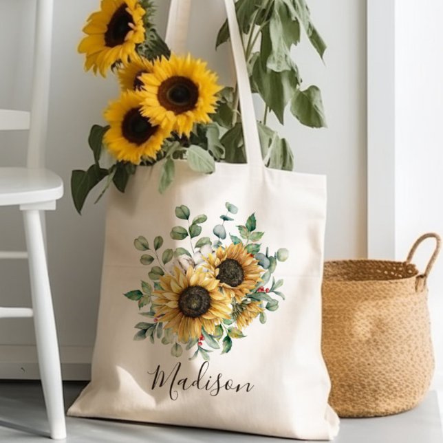 Monogrammed Watercolor Vintage Rustic Sunflower Tote Bag (In situ with flowers)