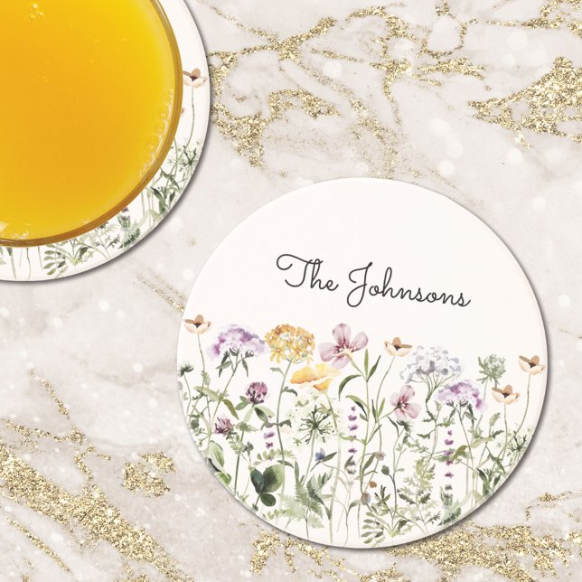 Monogrammed watercolor Wildflower Garden Coaster (In situ)