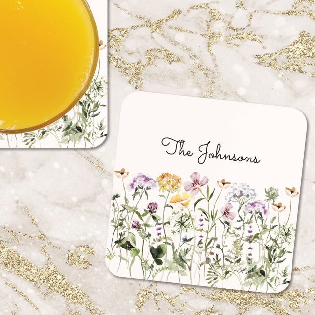 Monogrammed Watercolor Wildflower Garden Coaster (In situ)