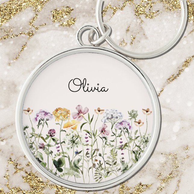 Monogrammed Watercolor Wildflower Garden Key Ring (Close up)