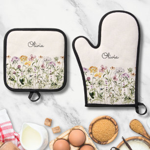 Monogrammed Watercolor Wildflower Garden Oven Mitt & Pot Holder Set
