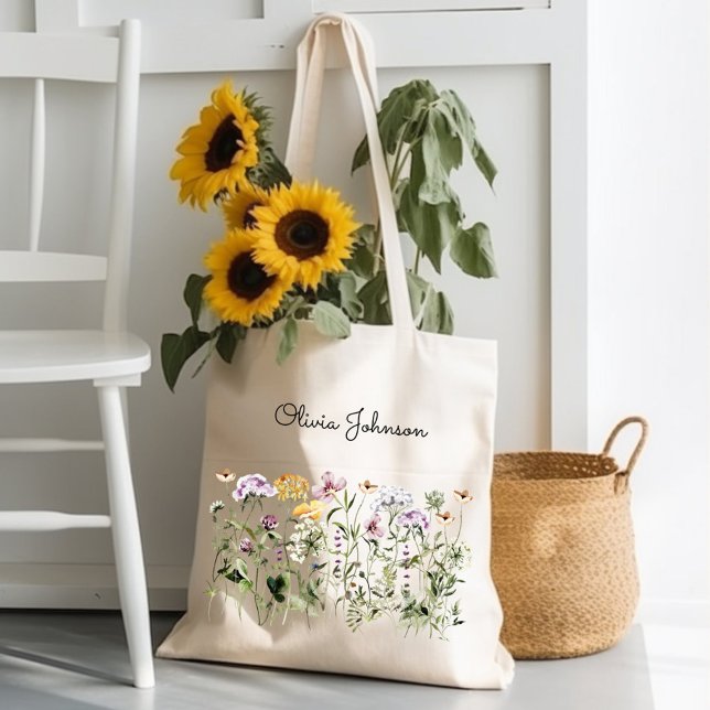 Monogrammed Watercolor Wildflower Garden Tote Bag (In situ)