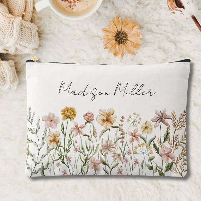 Monogrammed Watercolor Wildflower Meadow Floral Accessory Pouch (In situ)